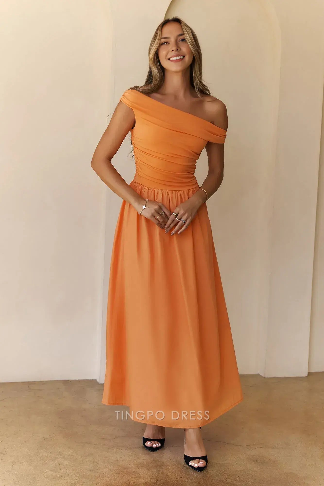 Fashion A-Line Asymmetrical Neckline Sleeveless Side Zip Ankle-Length prom dress